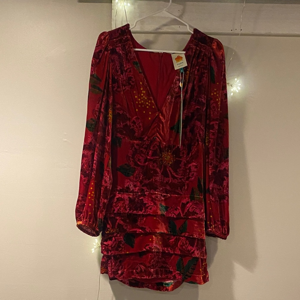 FARM Rio Red Floral Velvet Long-Sleeve Wrap Dress